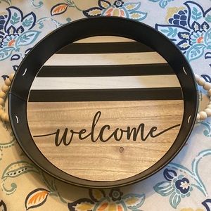 Black metal tray with wood insert. Black and white with Welcome. Beaded handles